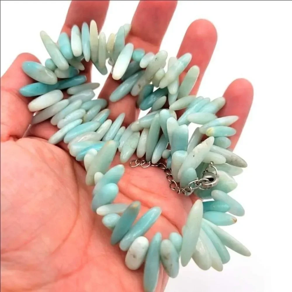 Natural Blue & Seafoam green Amozonite Elongated Genuine Stone Necklace - Picture 5 of 6